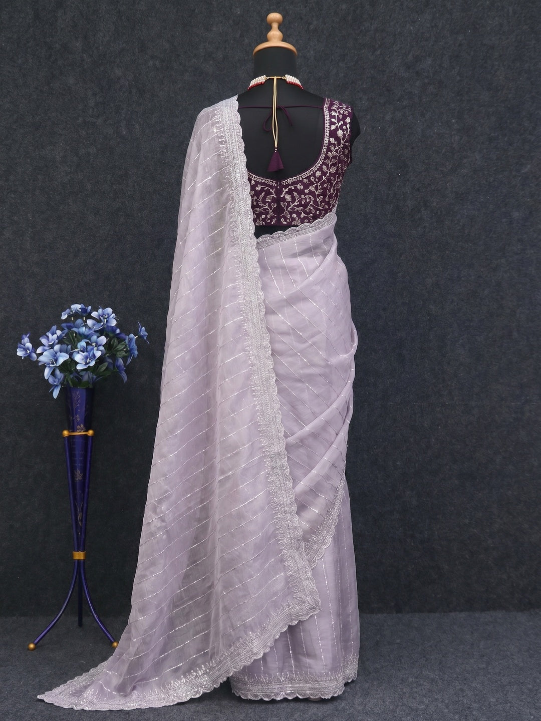 Lavender Sequins Embroidered Chiffon Silk Saree - Image 3