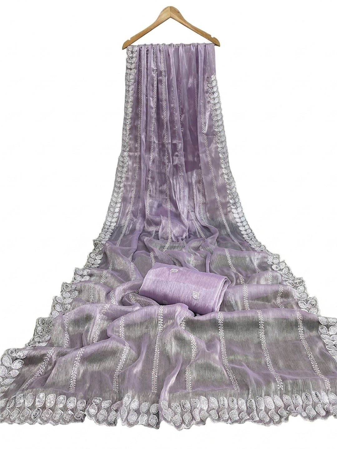 Lavender Sequins Embroidered Chiffon Silk Saree - Image 2