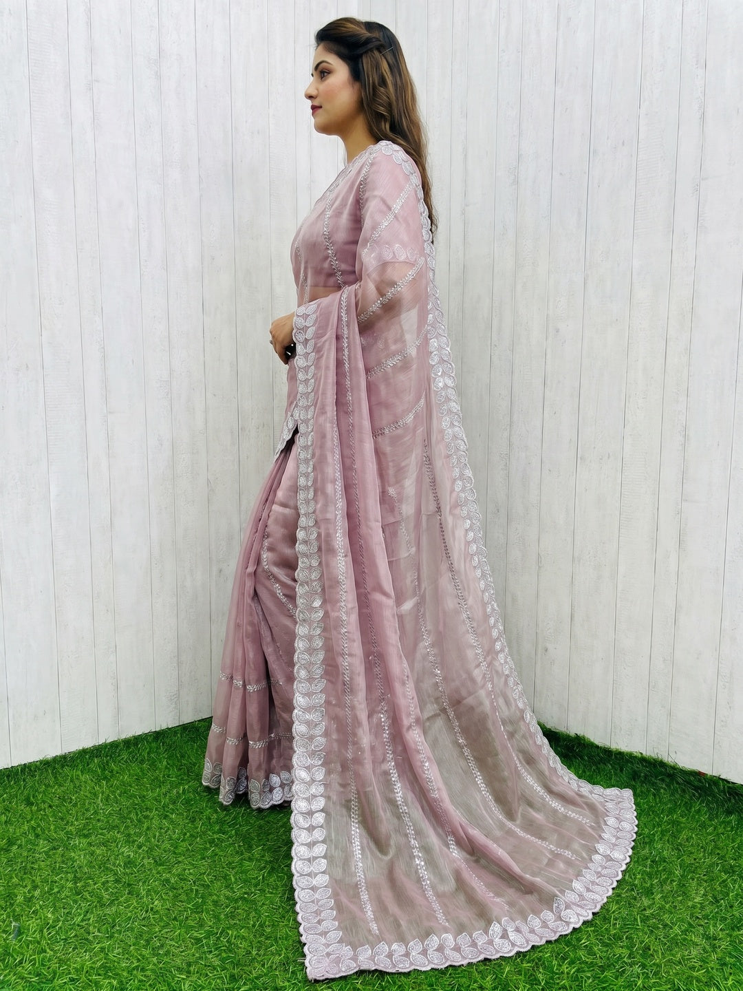 Light Mauve Sequins Embroidered Chiffon Silk Saree - Image 2