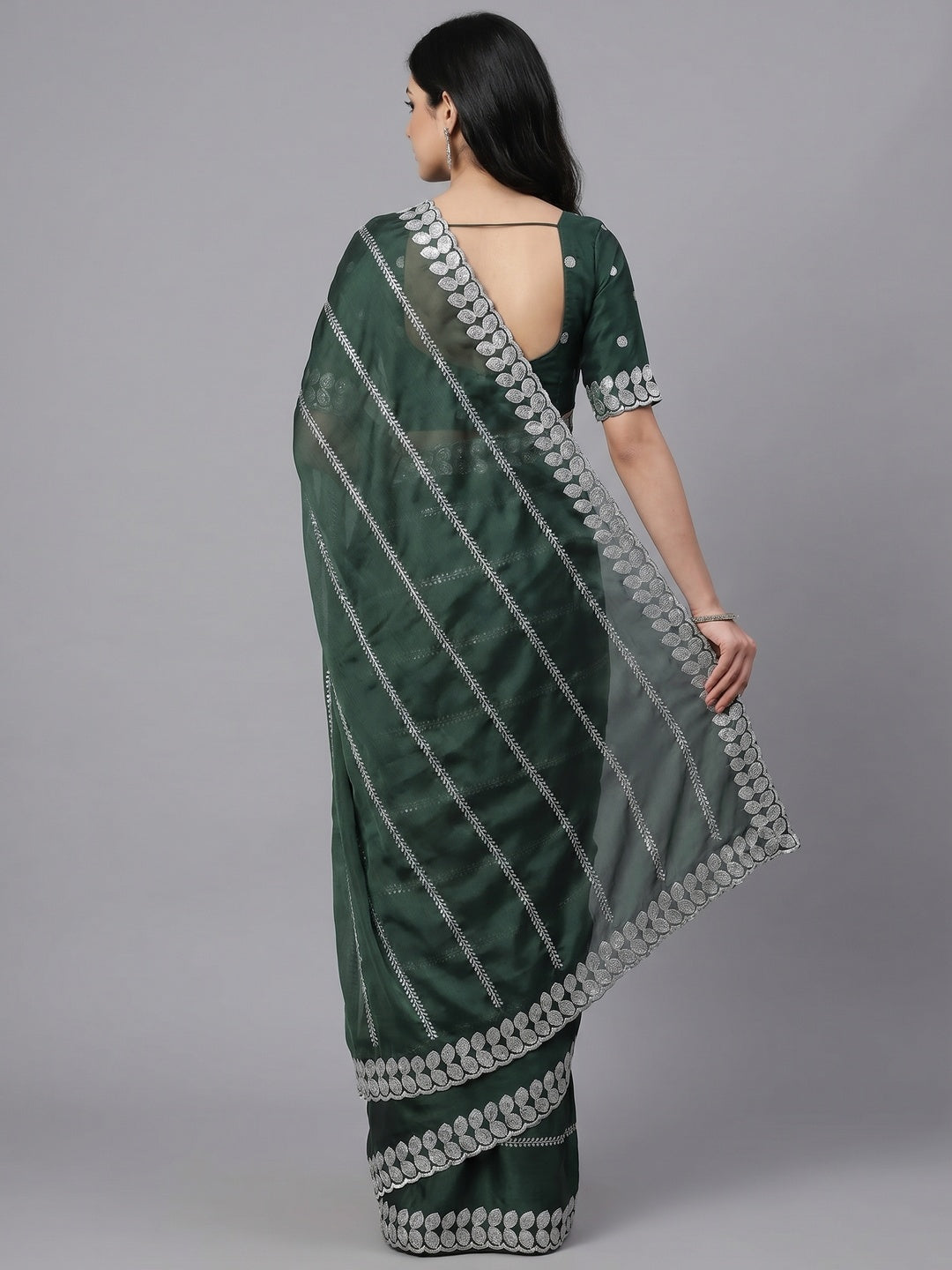 Bottle Green Sequins Embroidered Chiffon Silk Saree - Image 2