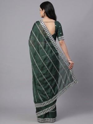 Bottle Green Sequins Embroidered Chiffon Silk Saree - Image 2