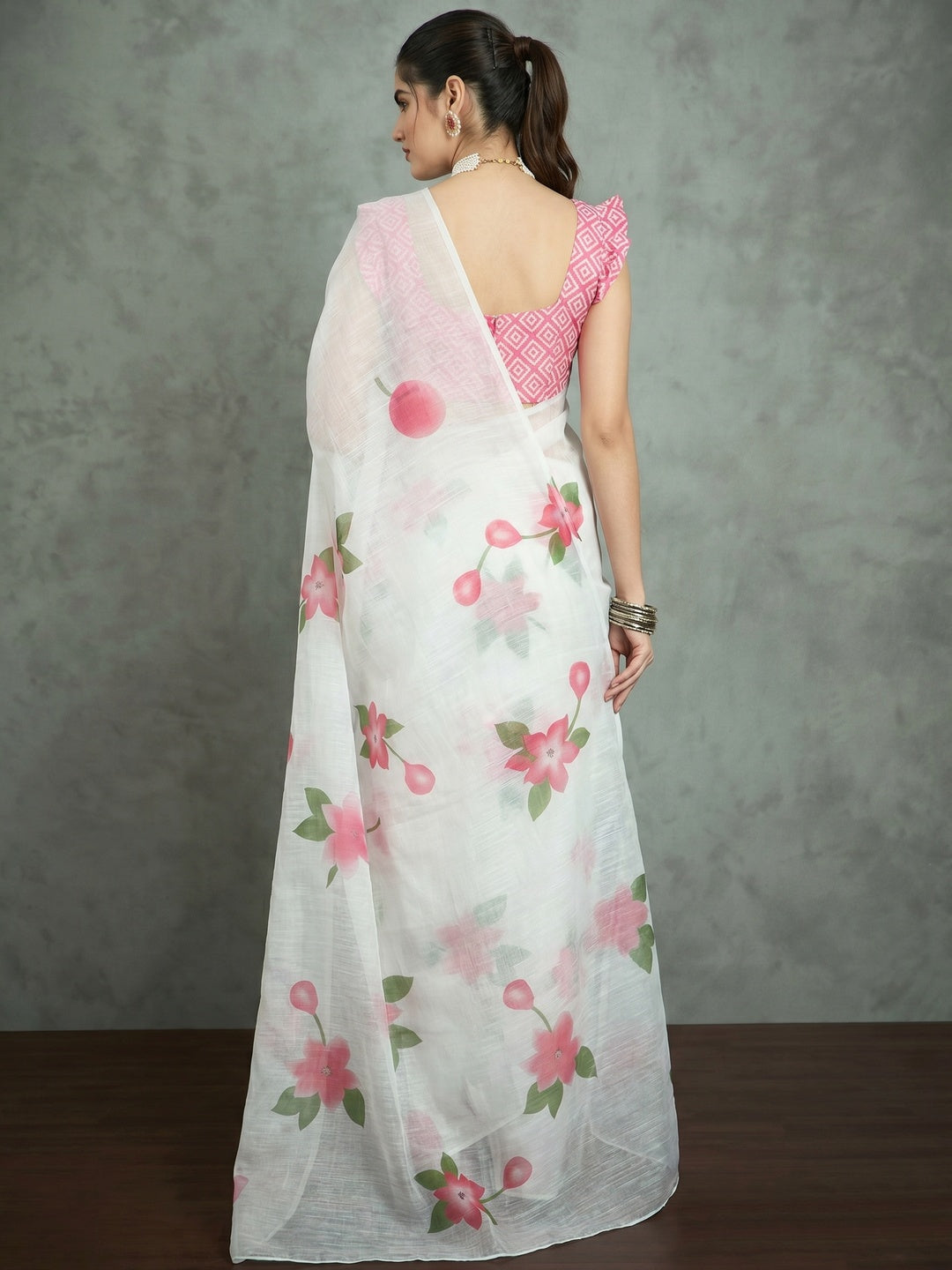 White & Pink Digital Printed Linen Saree - Image 2