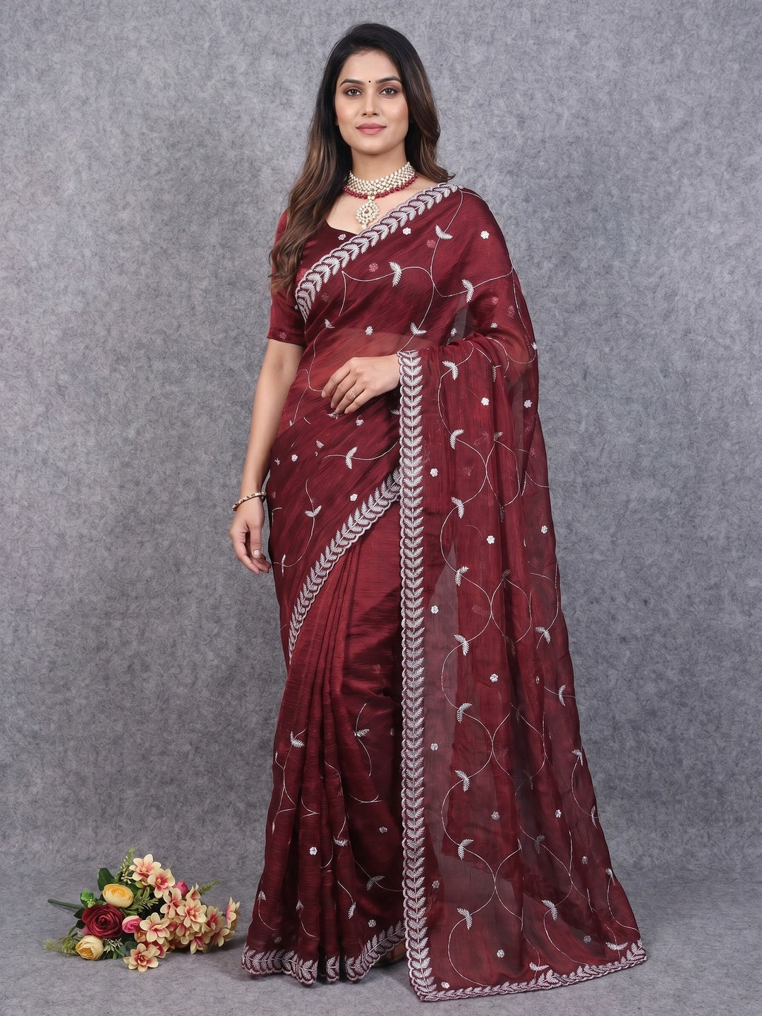 Maroon Sequins Embroidered Chiffon Silk Saree - Image 2