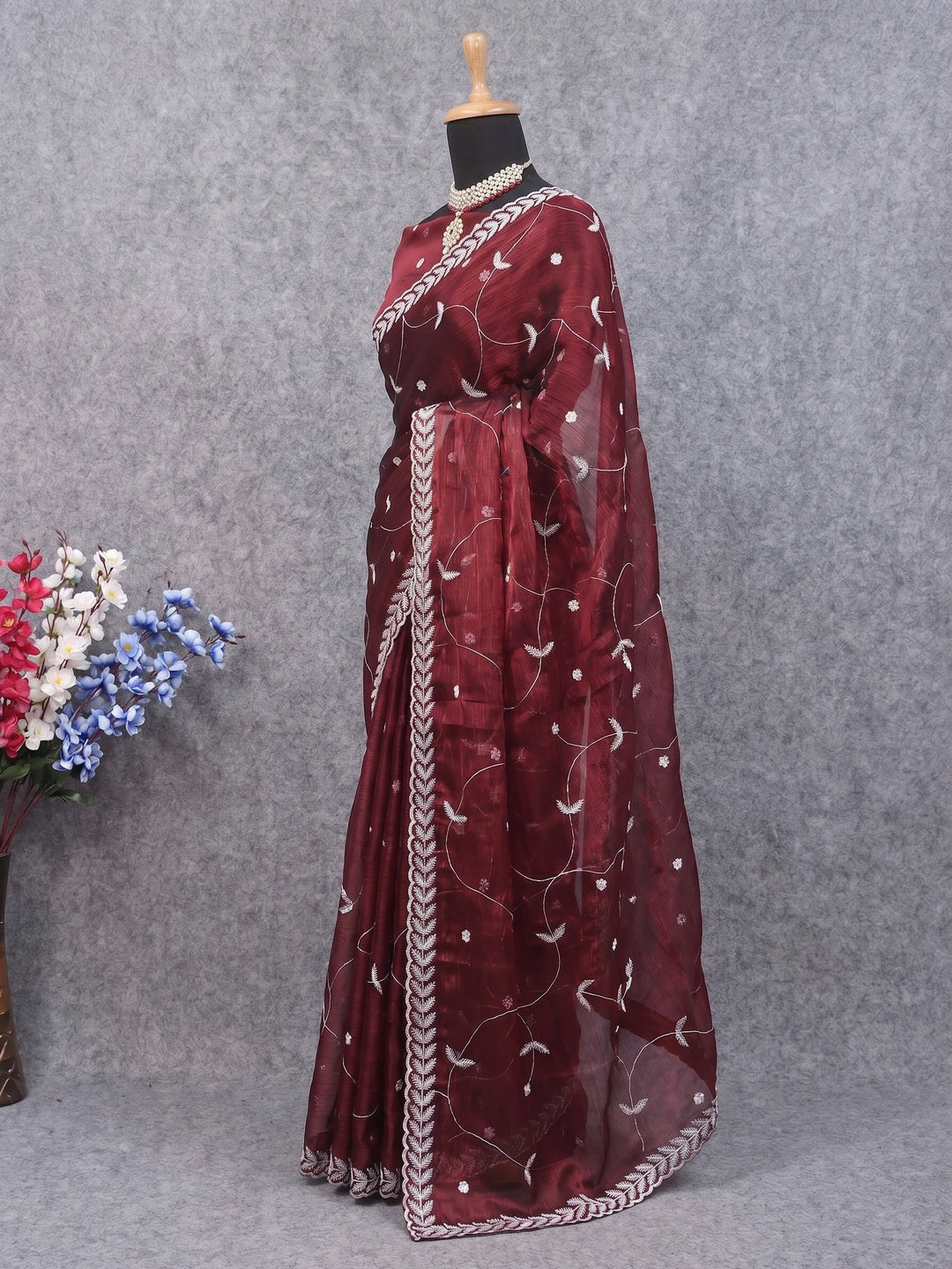 Maroon Sequins Embroidered Chiffon Silk Saree - Image 3