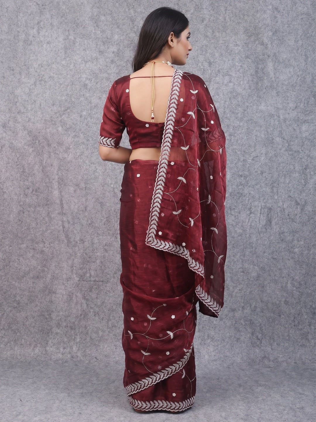 Maroon Sequins Embroidered Chiffon Silk Saree - Image 1