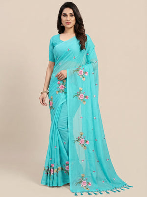 Turquoise Floral Embroidered Art Silk Saree - Image 1