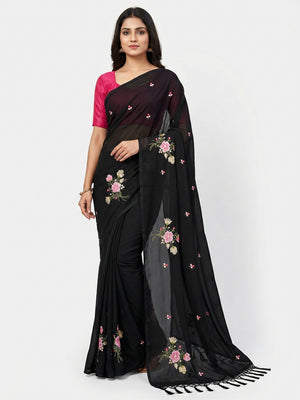 Black Floral Embroidered Art Silk Saree - Image 3