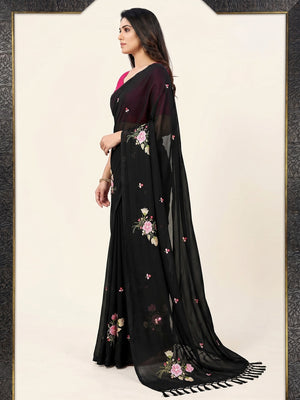 Black Floral Embroidered Art Silk Saree - Image 1