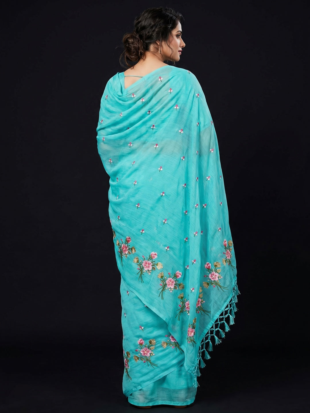 Turquoise Floral Embroidered Art Silk Saree - Image 3