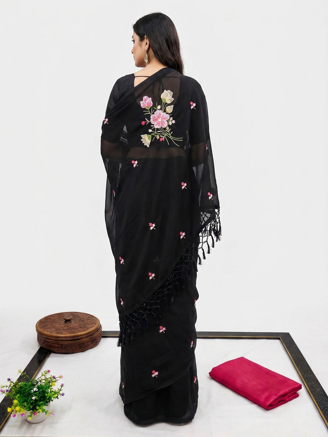 Black Floral Embroidered Art Silk Saree - Image 4