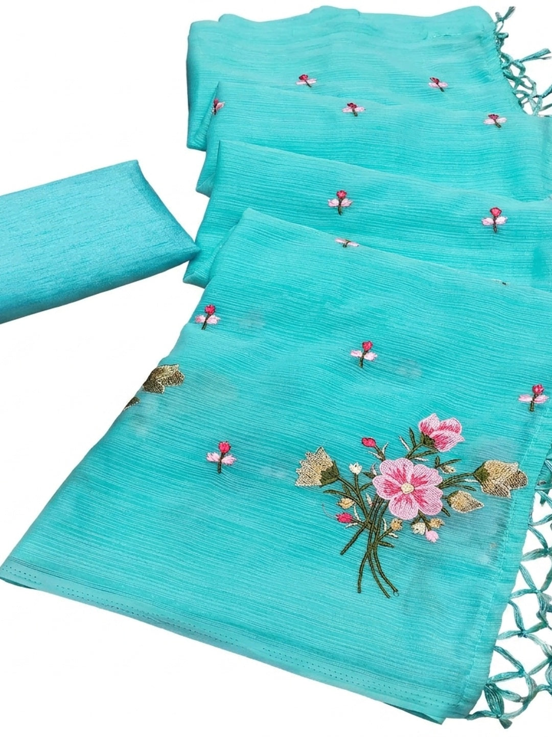 Turquoise Floral Embroidered Art Silk Saree - Image 4