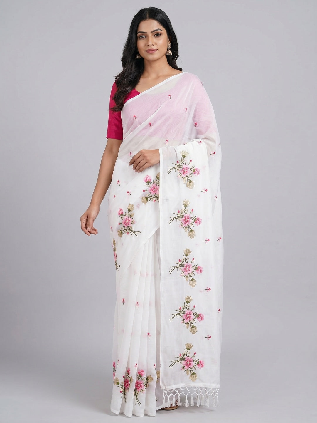 White Floral Embroidered Art Silk Saree - Image 1