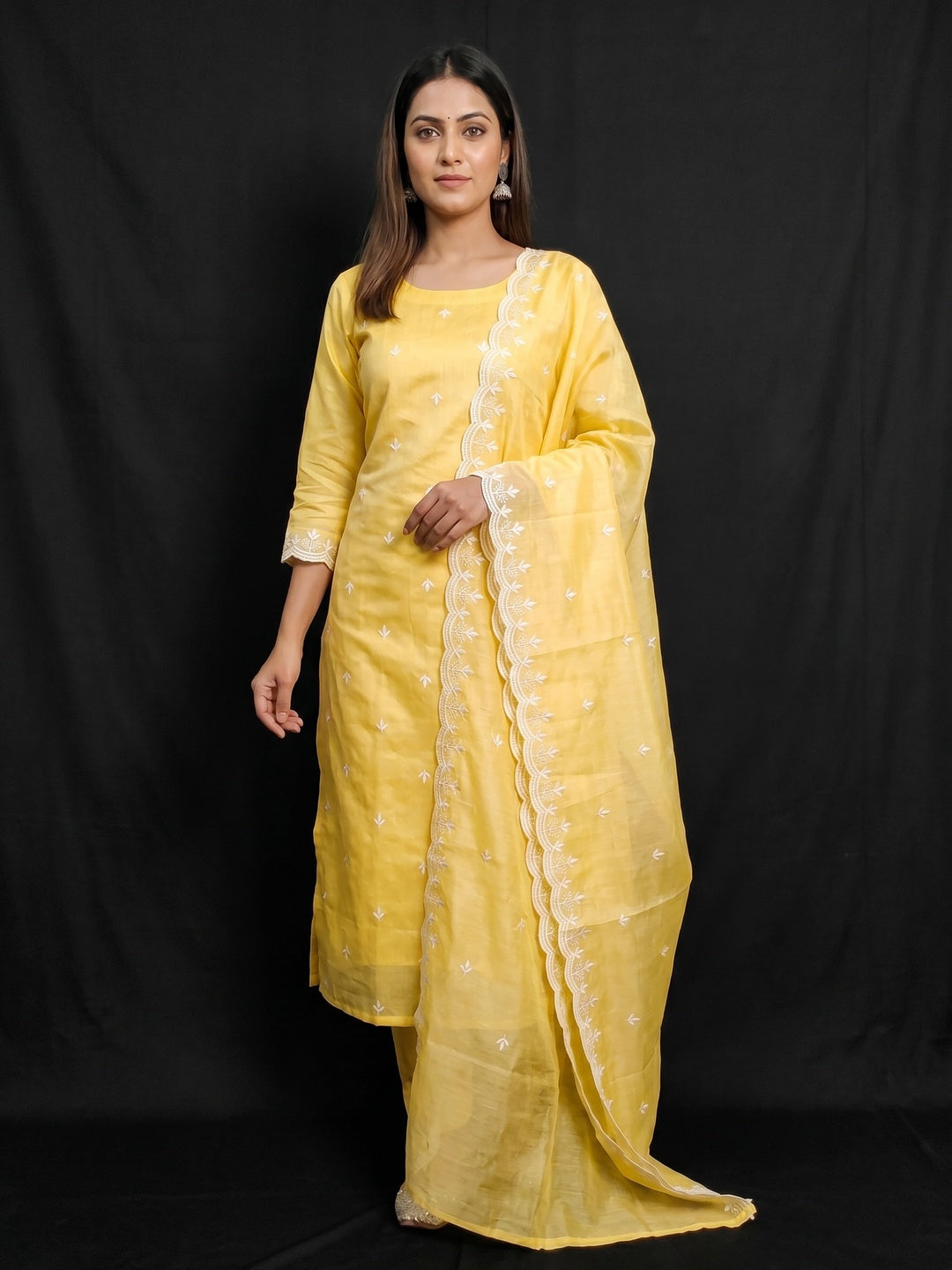 Yellow Embroidered Chanderi Dress Material - Image 1