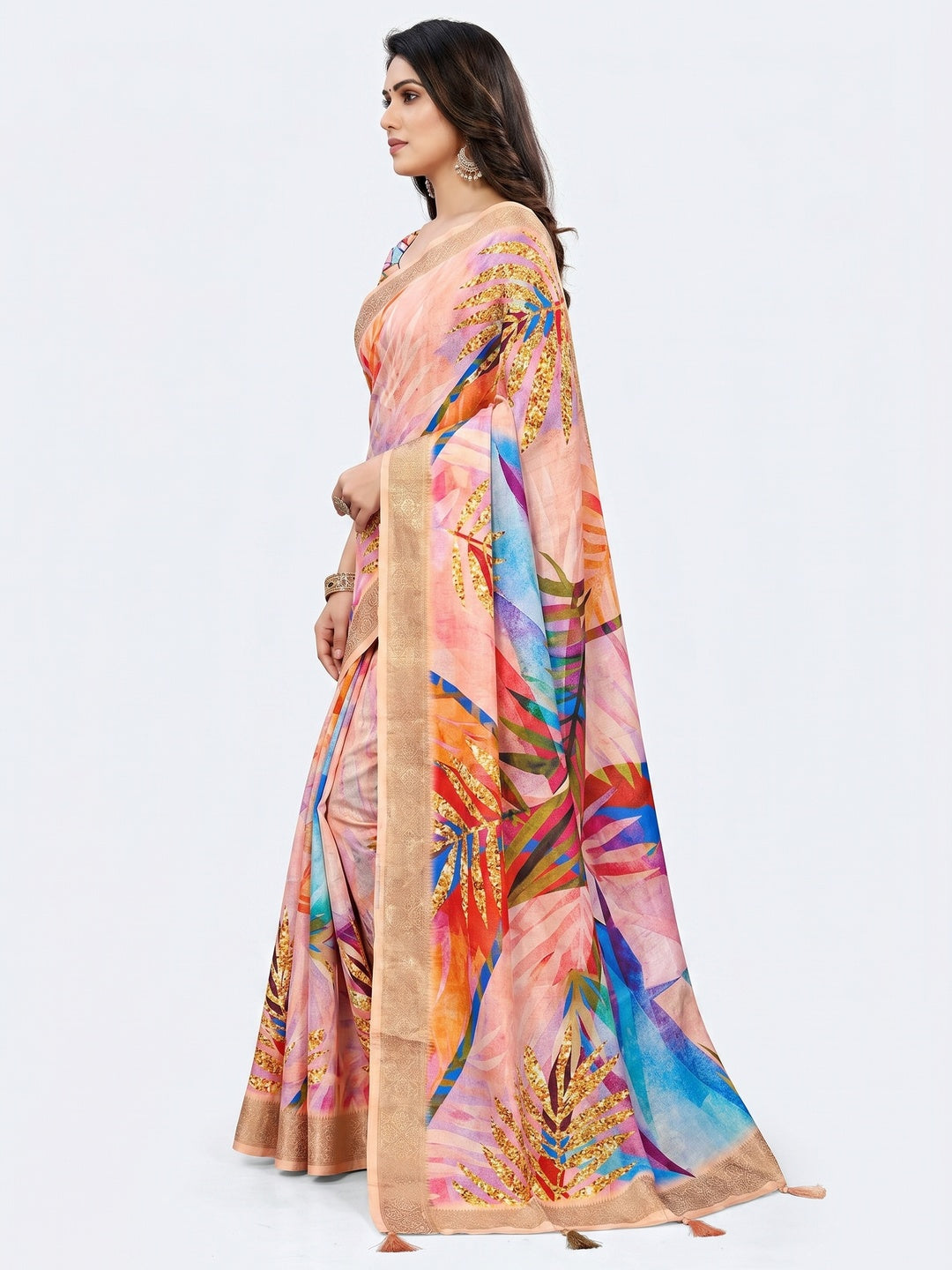 Peach Digital Printed Dola Silk Saree With Woven Border - Image 2