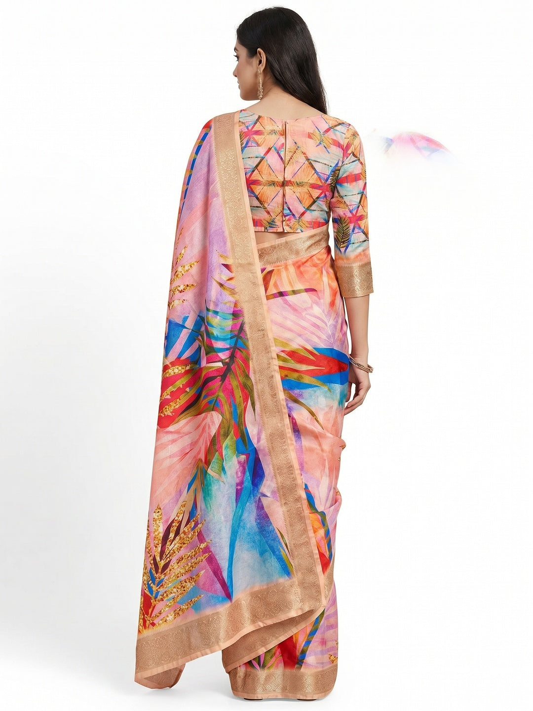 Peach Digital Printed Dola Silk Saree With Woven Border - Image 3