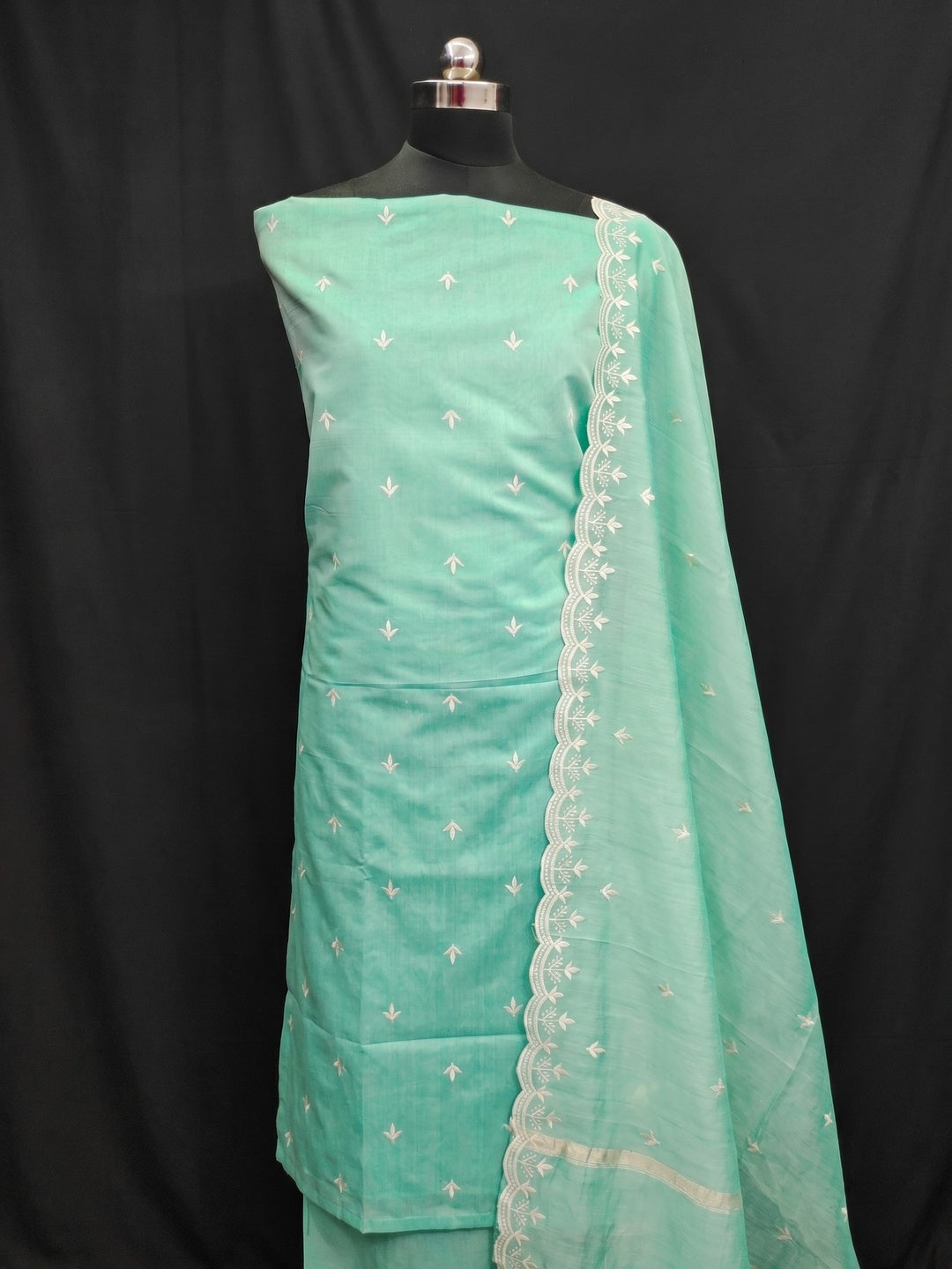 Turquoise Embroidered Chanderi Dress Material - Image 1