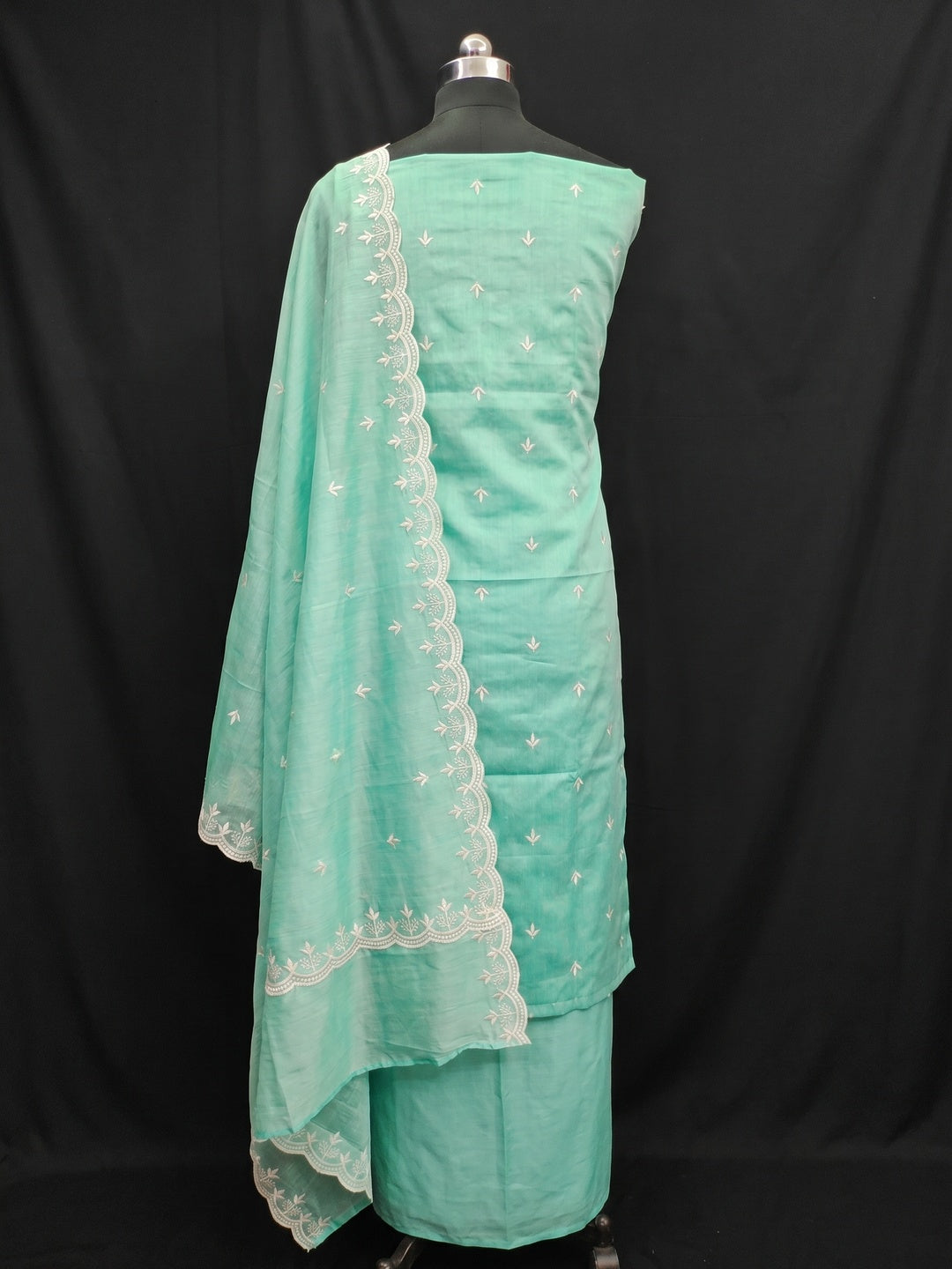 Turquoise Embroidered Chanderi Dress Material - Image 3