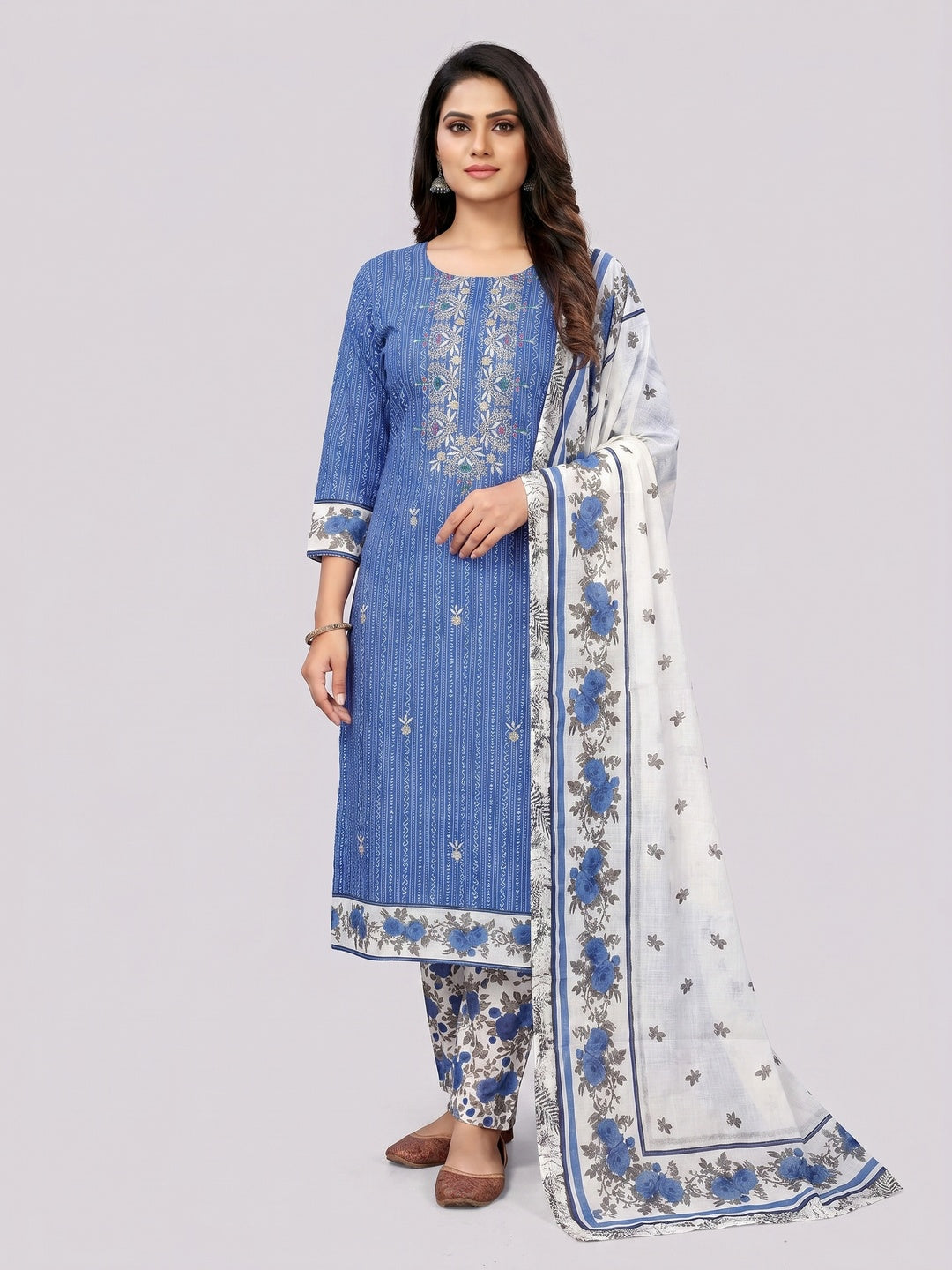 Blue Embroidered With Printed Pure Cotton Dress Material - Image 1