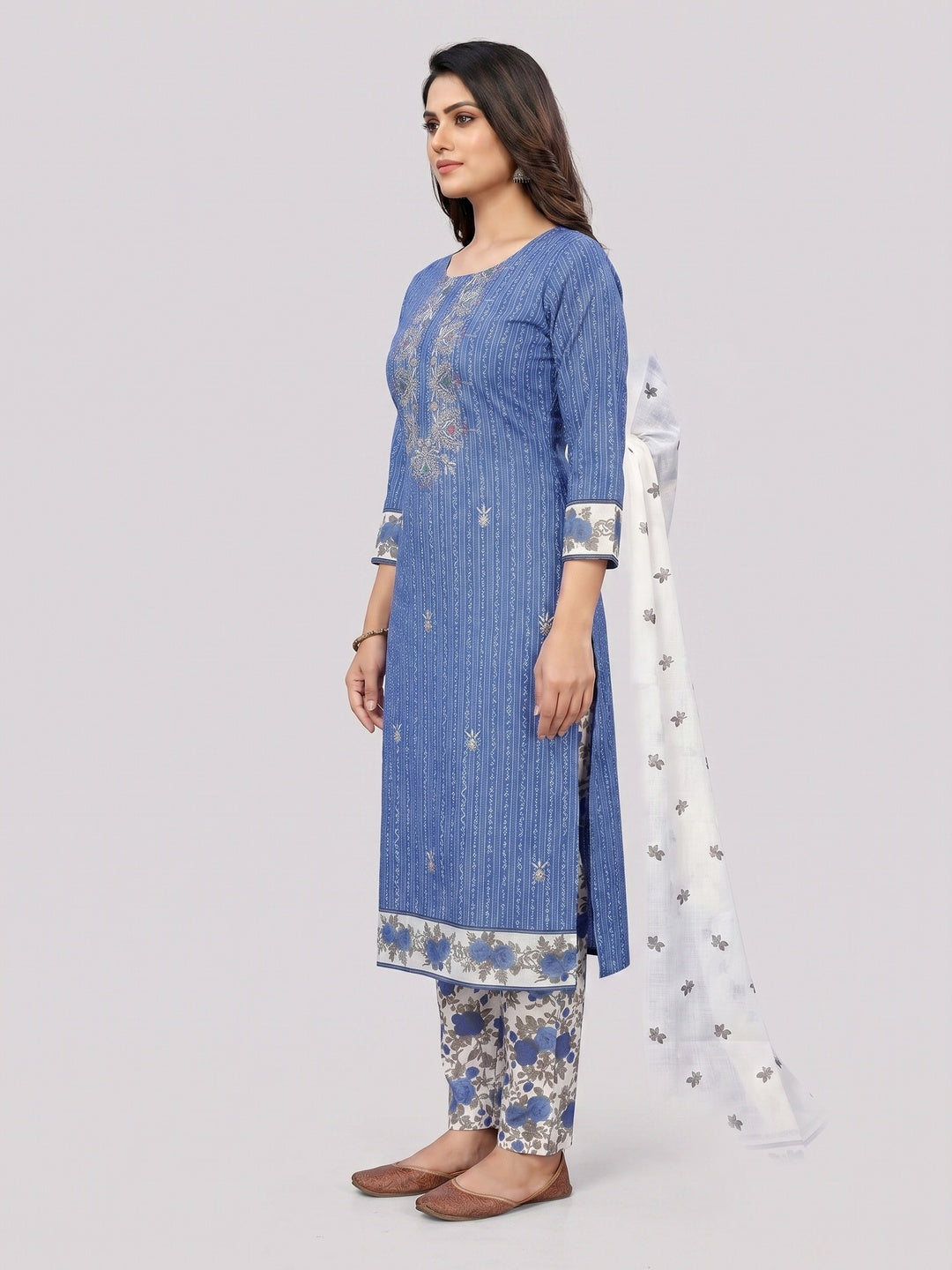 Blue Embroidered With Printed Pure Cotton Dress Material - Image 3