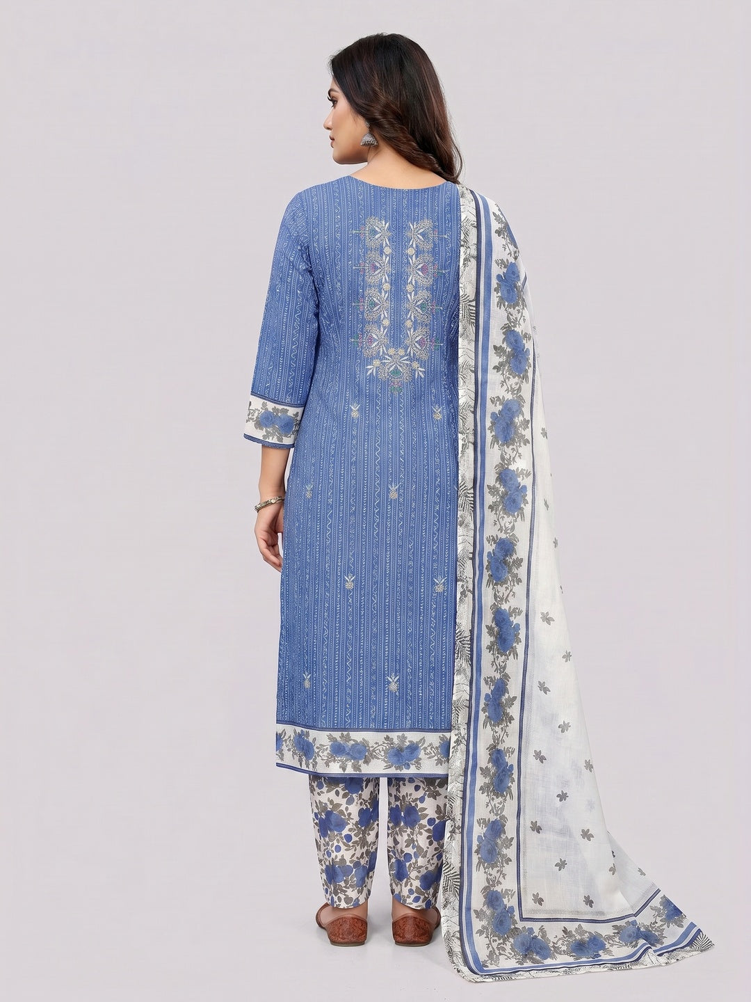 Blue Embroidered With Printed Pure Cotton Dress Material - Image 2