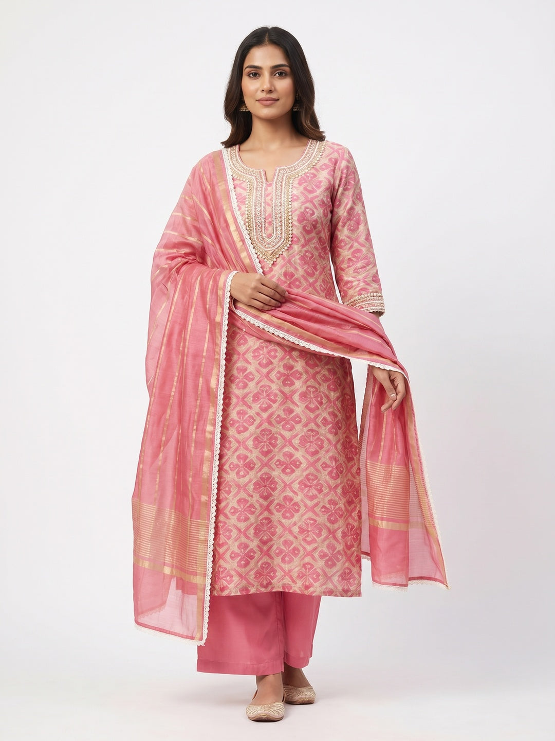 Pink Printed With Handwork Chanderi Silk Dress Material - Image 1