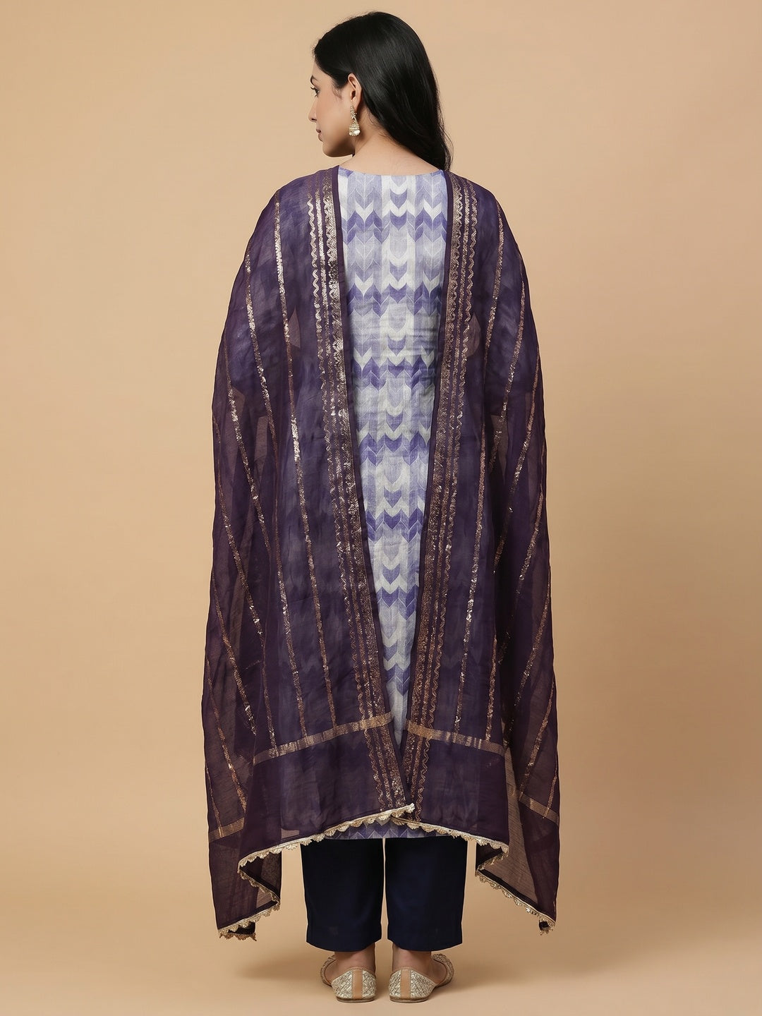 Blue Printed With Handwork Chanderi Silk Dress Material - Image 3
