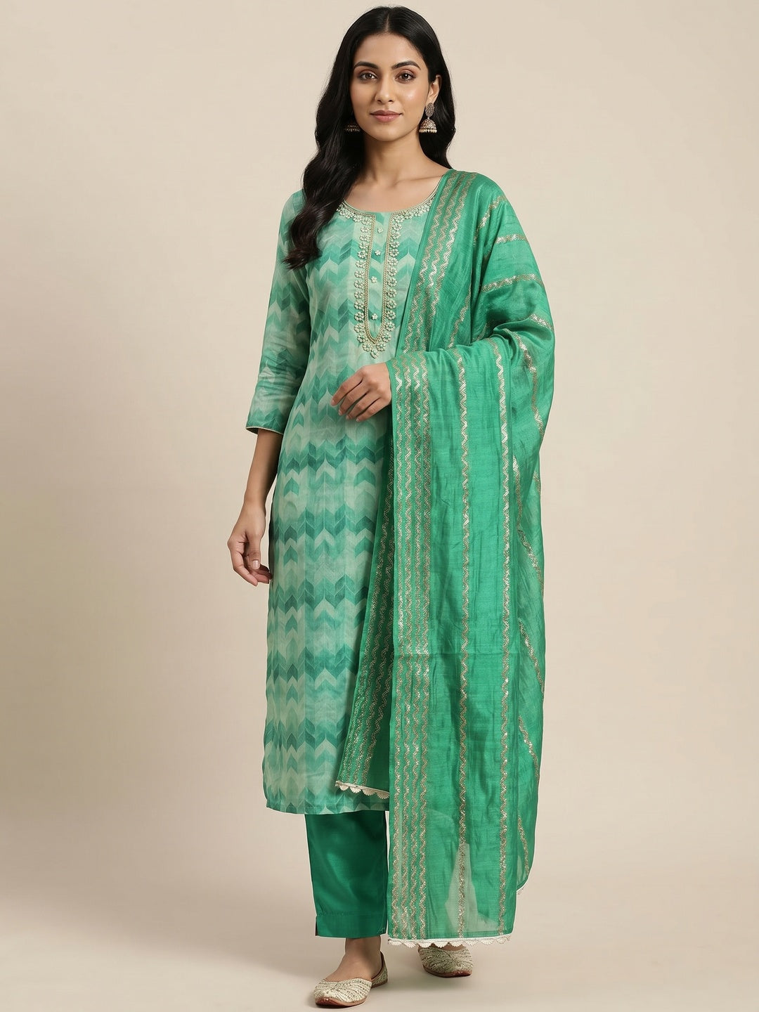 Green Printed With Handwork Chanderi Silk Dress Material - Image 1