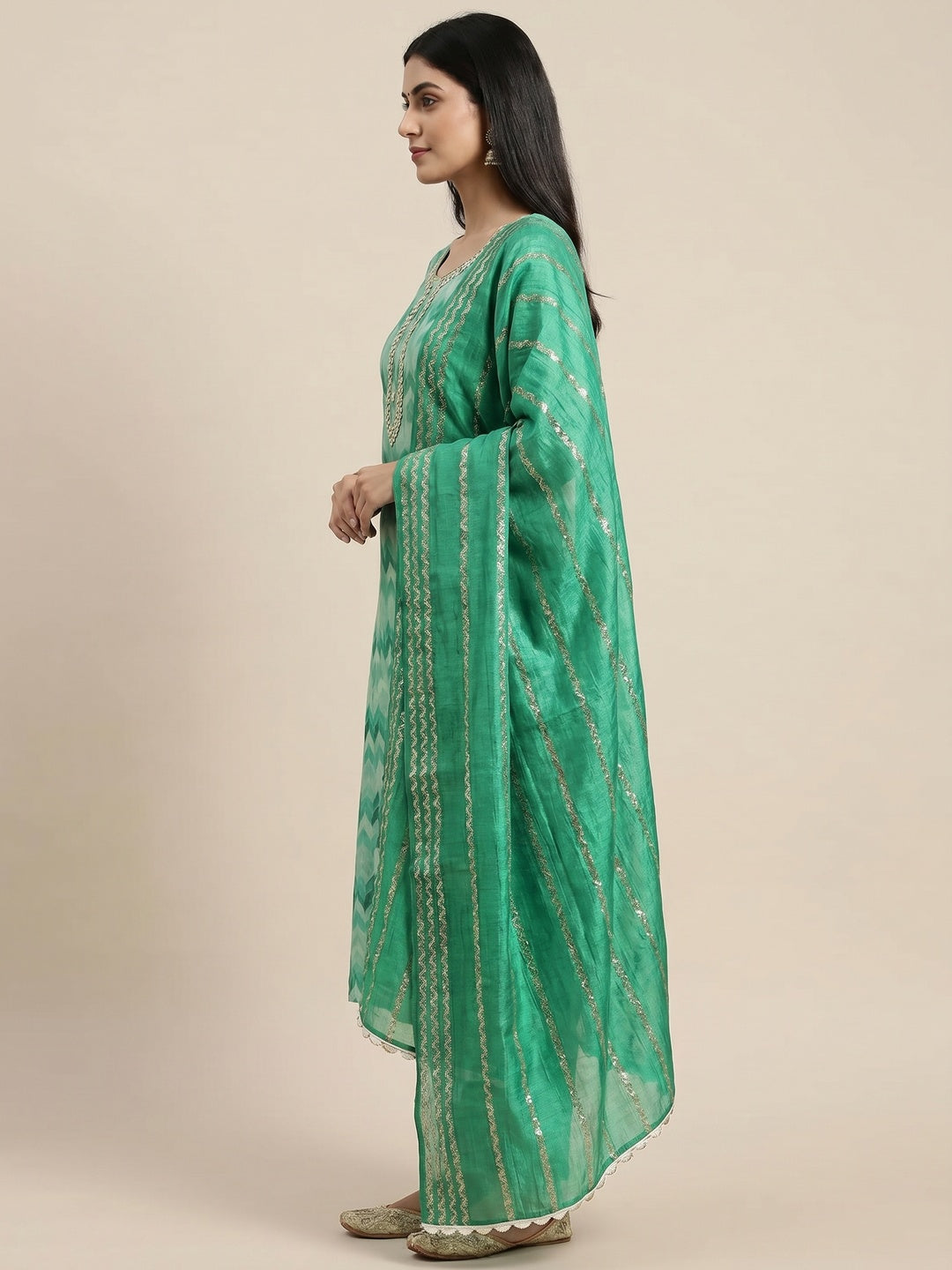 Green Printed With Handwork Chanderi Silk Dress Material - Image 2