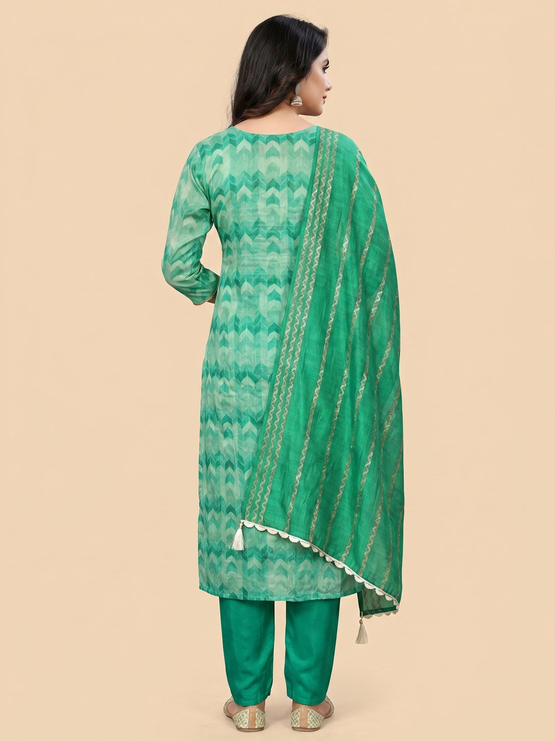 Green Printed With Handwork Chanderi Silk Dress Material - Image 3