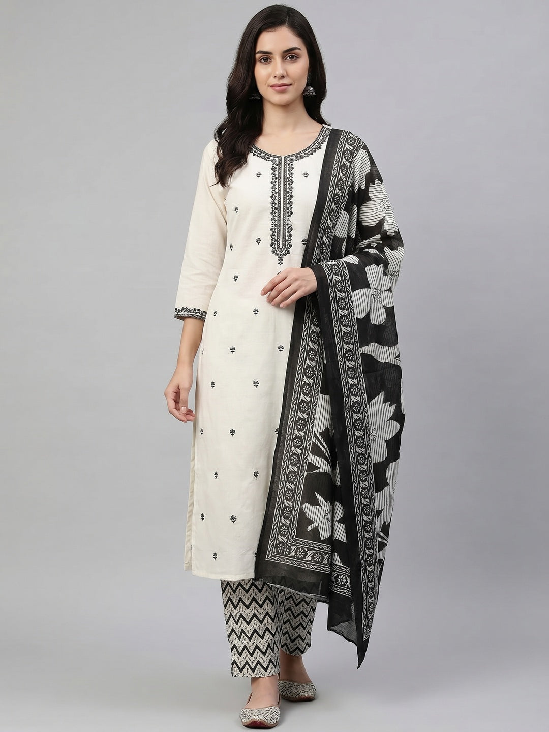 Off white Floral Embroidered Pure Cotton Dress Material - Image 1