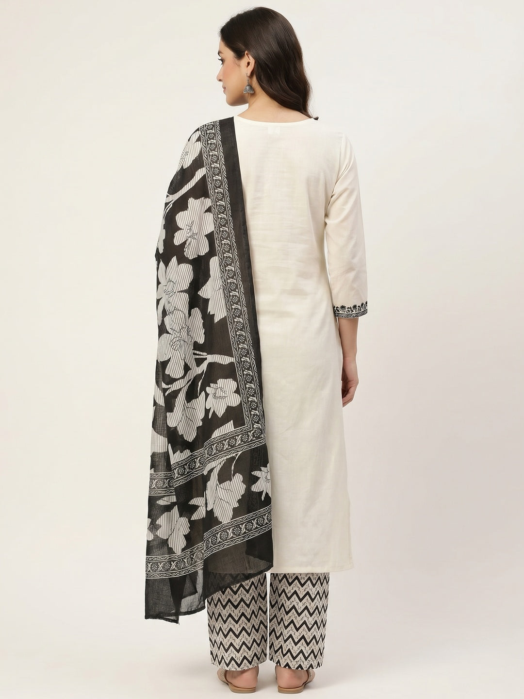 Off white Floral Embroidered Pure Cotton Dress Material - Image 2