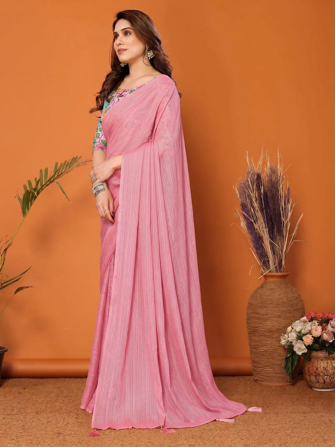 Rose Pink Woven Satin Saree With Tassels - Image 1