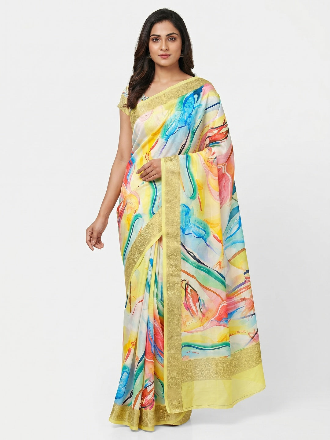 Lemon Yellow Digital Printed Dola Silk Saree With Woven Border - Image 1