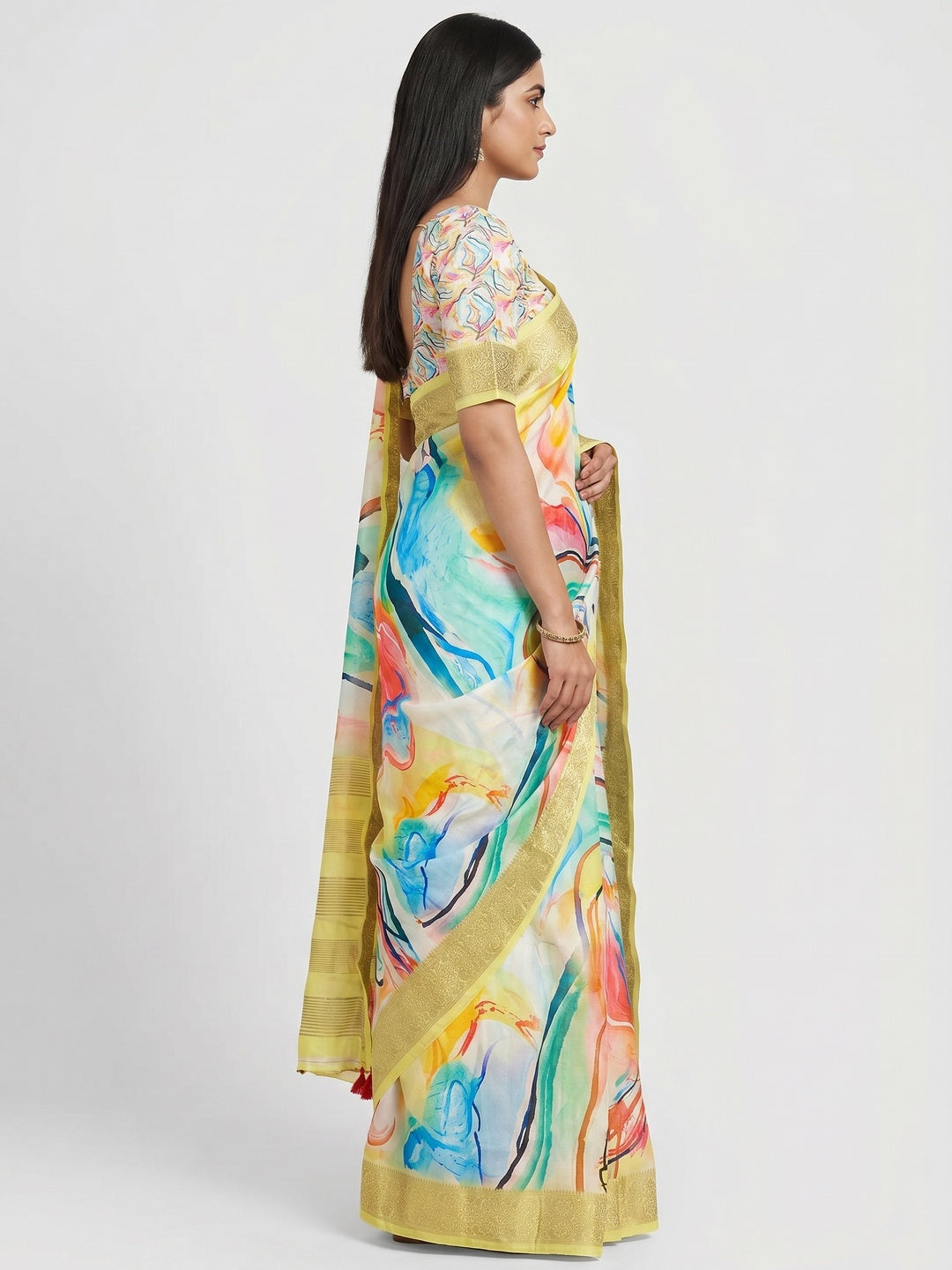 Lemon Yellow Digital Printed Dola Silk Saree With Woven Border - Image 2
