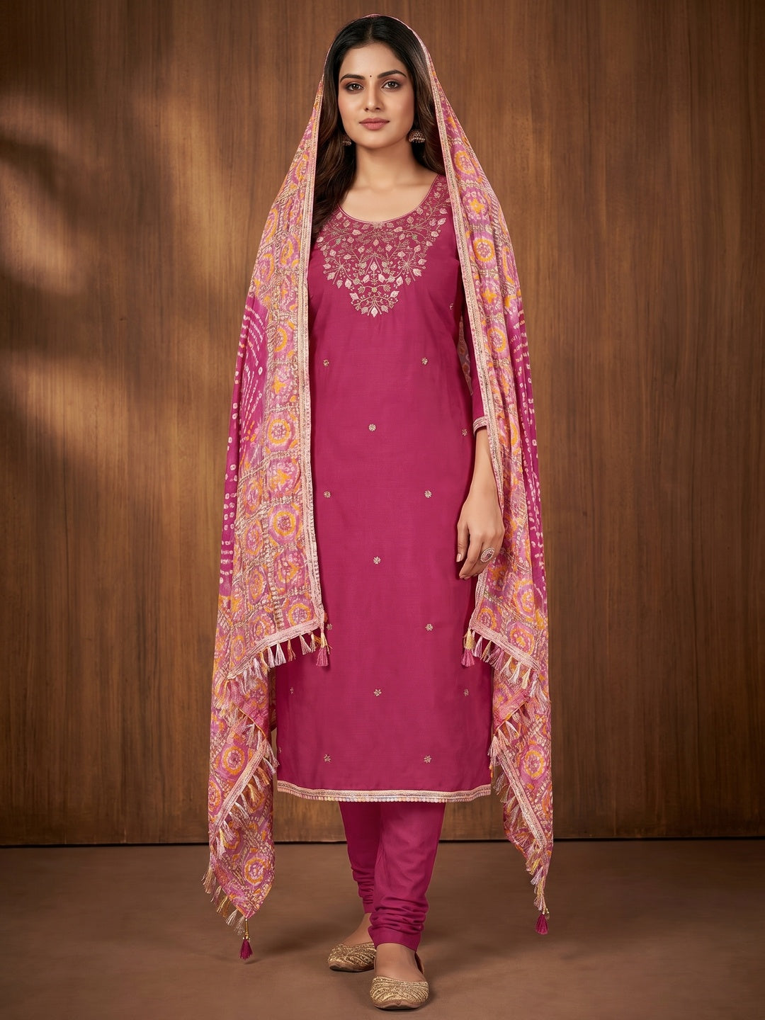 Pink Floral Sequins Embroidered Cotton Blend Dress Material - Image 1