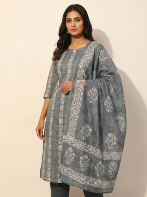 Grey Floral Printed Chanderi Dress Material - Image 1