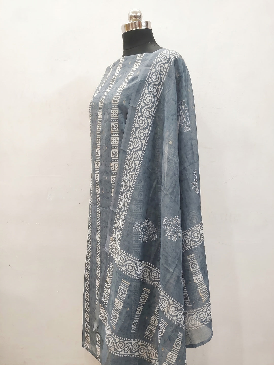 Grey Floral Printed Chanderi Dress Material - Image 3