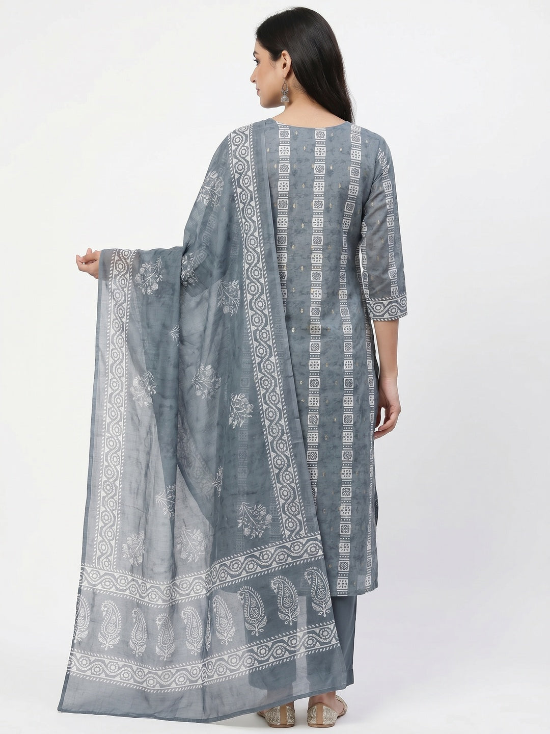 Grey Floral Printed Chanderi Dress Material - Image 2