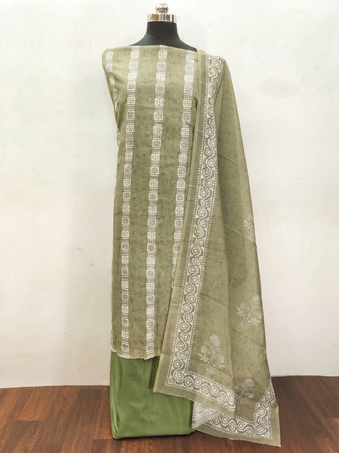 Green Floral Printed Chanderi Dress Material - Image 1