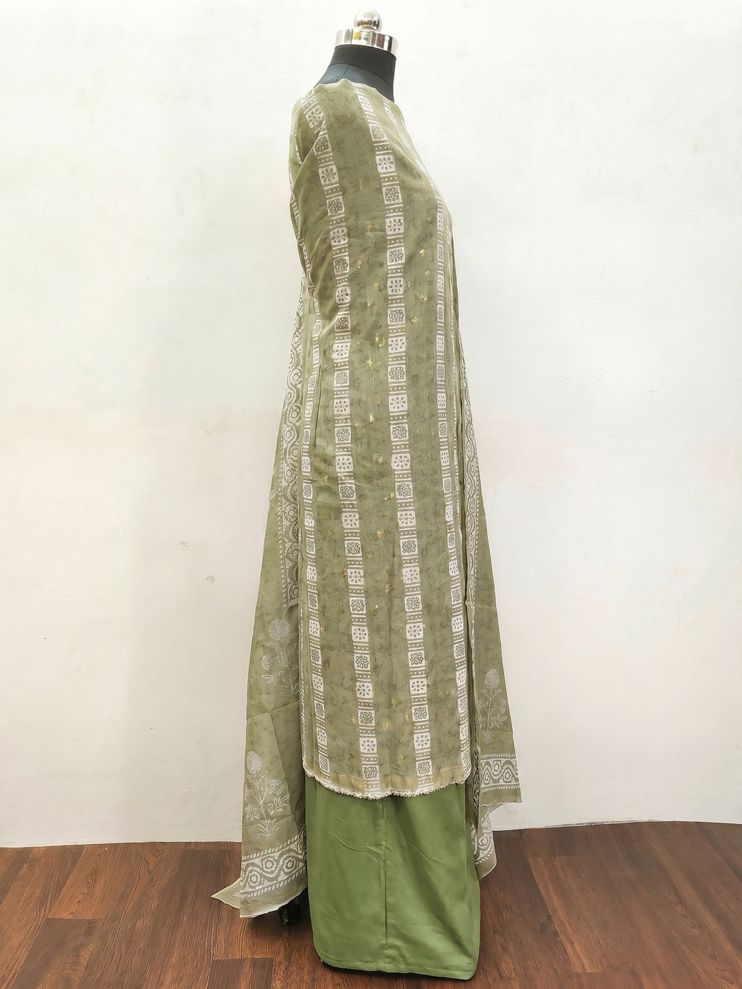 Green Floral Printed Chanderi Dress Material - Image 3