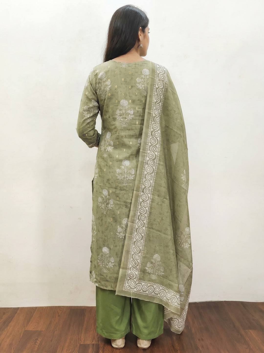 Green Floral Printed Chanderi Dress Material - Image 2