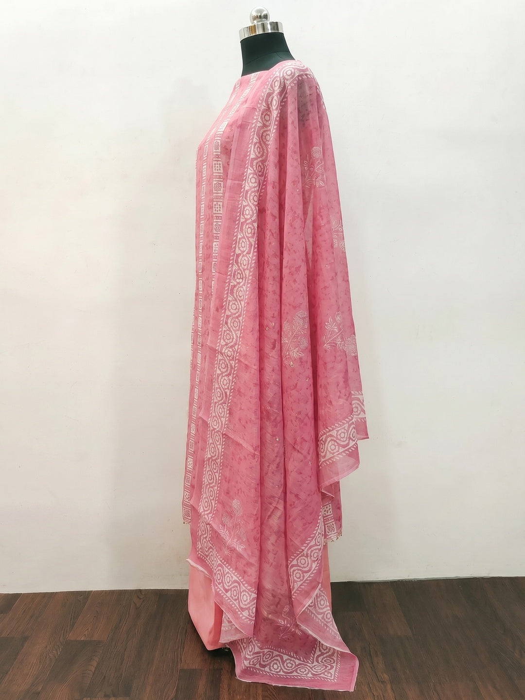 Pink Floral Printed Chanderi Dress Material - Image 3