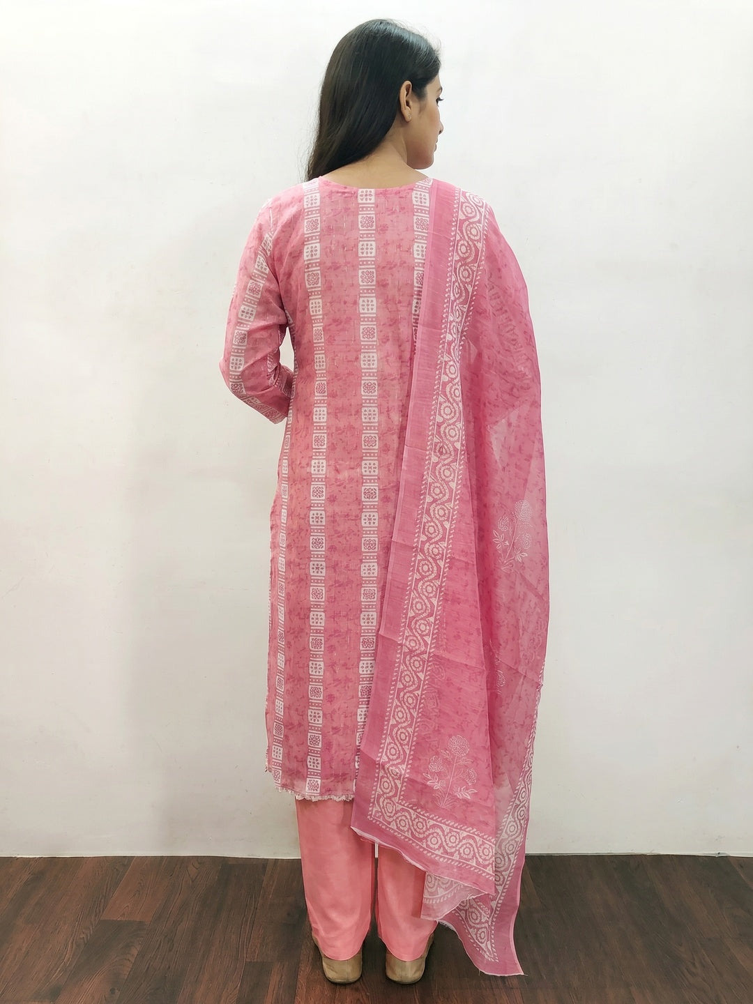 Pink Floral Printed Chanderi Dress Material - Image 2