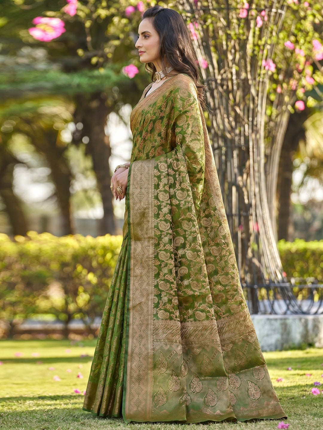 Mehandi Green Woven Organza Saree - Image 1