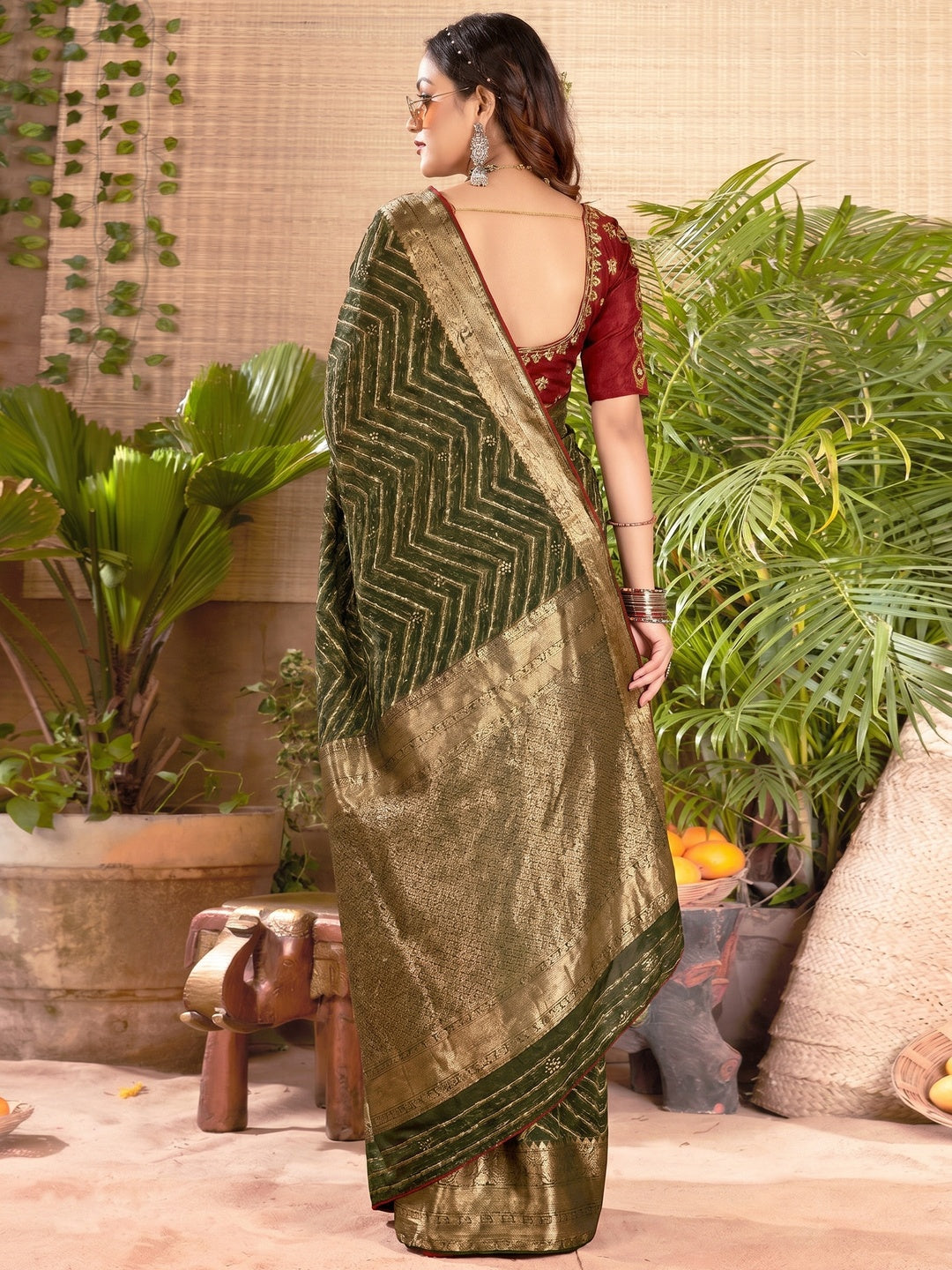 Mehendi Green Zari Printed Cotton Silk Saree With Tassels - Image 1