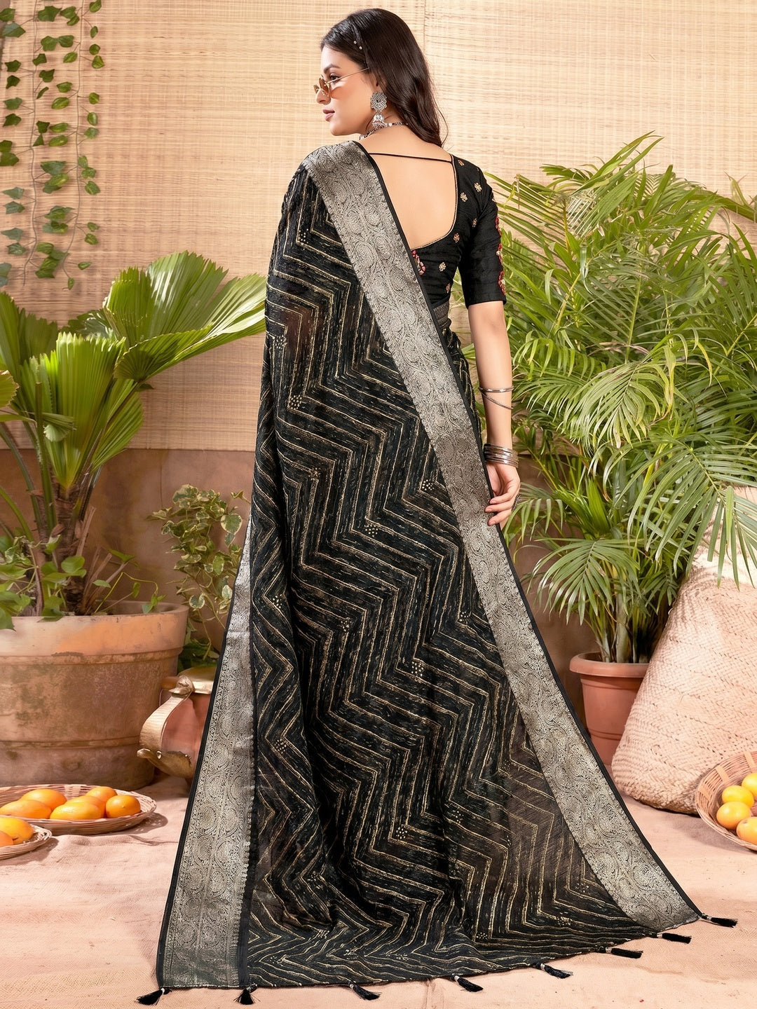 Black Zari Printed Cotton Silk Saree With Tassels - Image 1
