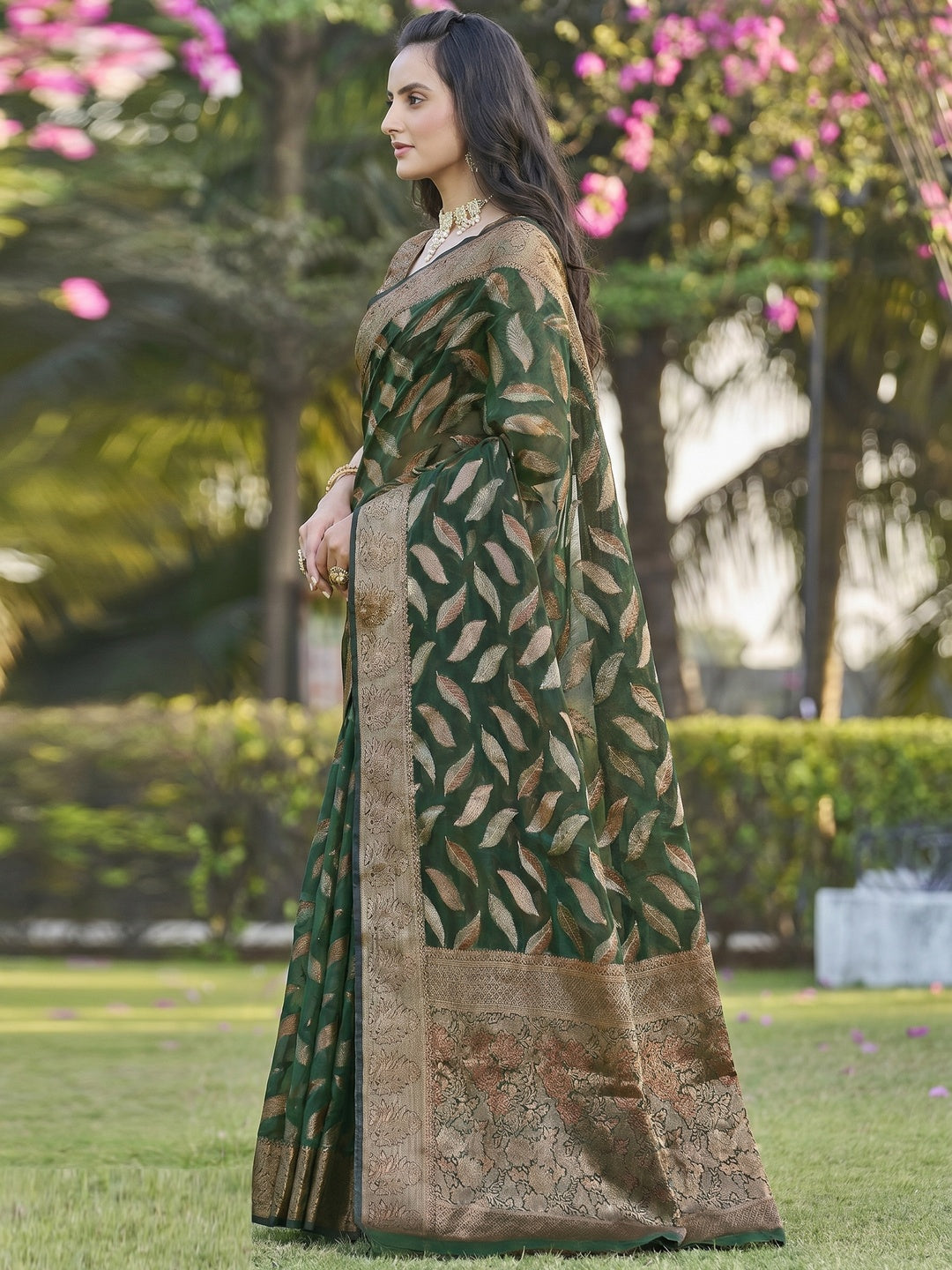 Bottle Green Woven Organza Saree - Image 1