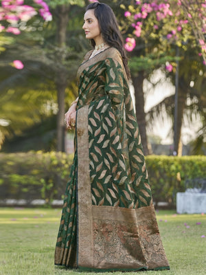 Bottle Green Woven Organza Saree - Image 1