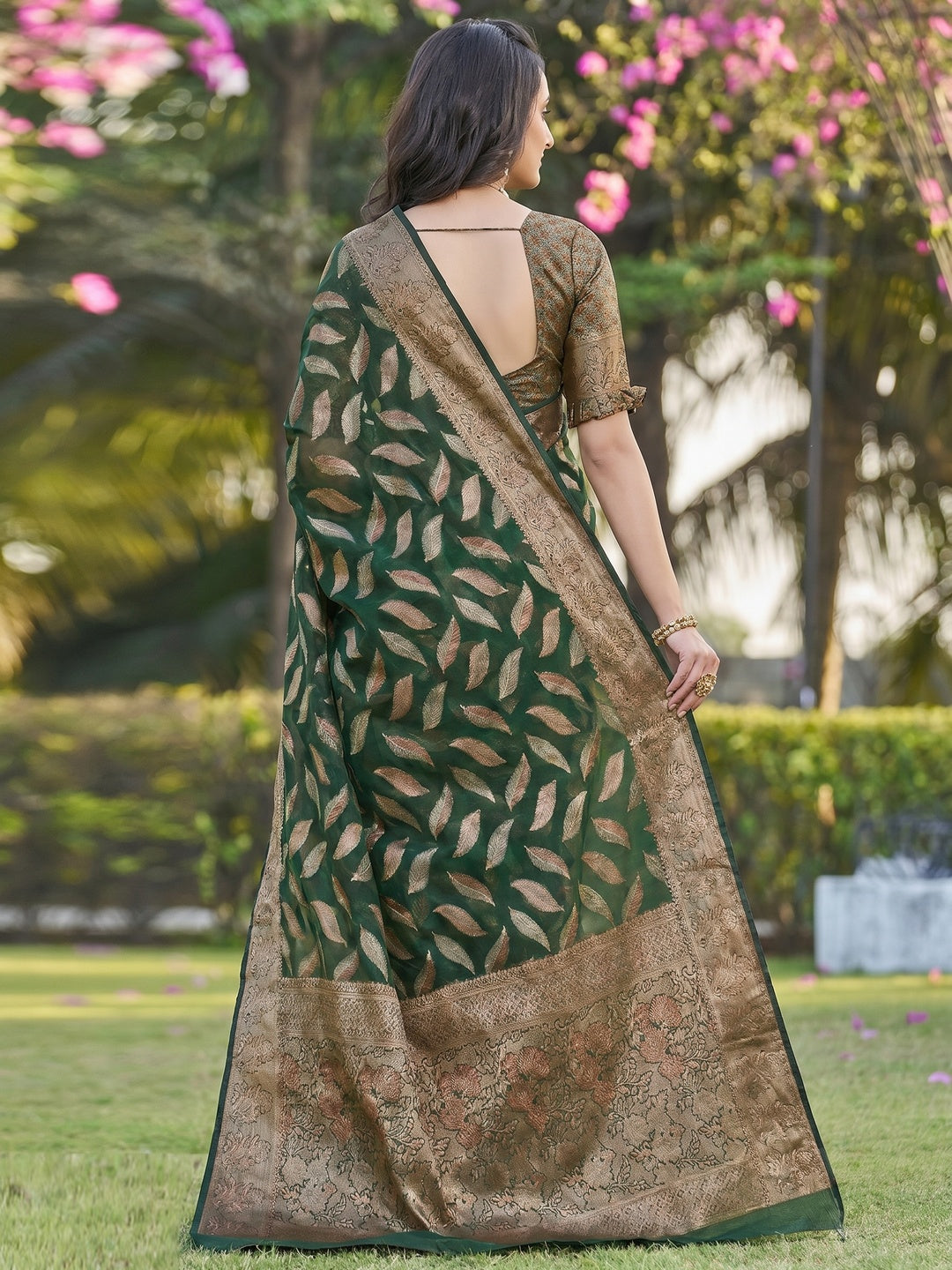 Bottle Green Woven Organza Saree - Image 2