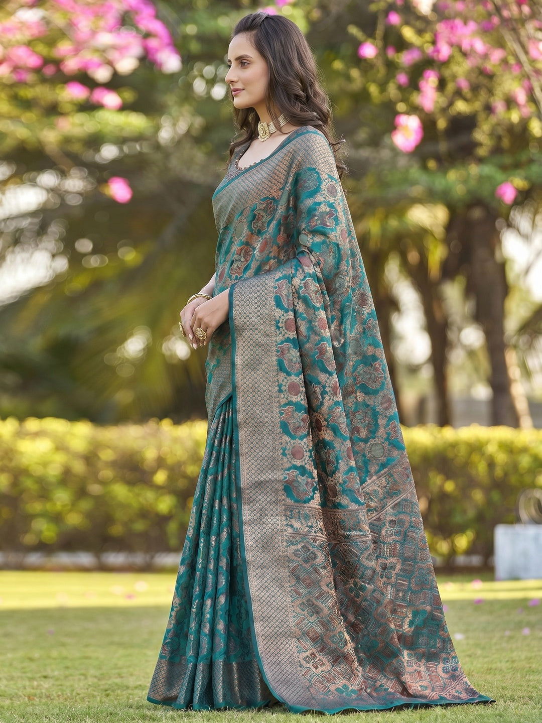 Teal Woven Organza Saree - Image 1